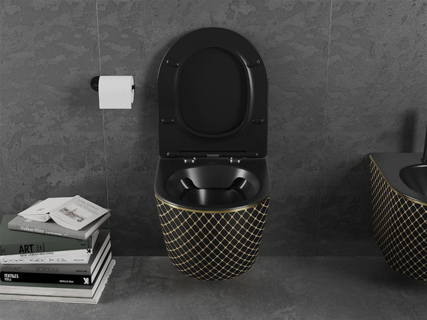 MEXEN LENA RIMLESS TOILET BOWL WITH SLIM SOFT-CLOSE SEAT, DUROPLAST, BLACK/GOLD CHECKERED PATTERN