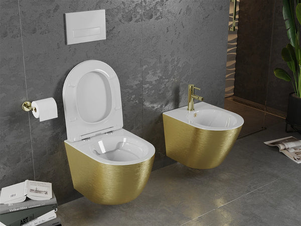 MEXEN LENA RIMLESS TOILET BOWL WITH SLIM SOFT-CLOSE SEAT, DUROPLAST, WHITE/GOLD LINES PATTERN