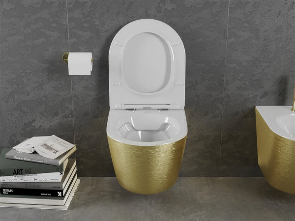 MEXEN LENA RIMLESS TOILET BOWL WITH SLIM SOFT-CLOSE SEAT, DUROPLAST, WHITE/GOLD LINES PATTERN