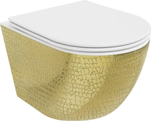 MEXEN LENA RIMLESS TOILET BOWL WITH SLIM SOFT-CLOSE SEAT, DUROPLAST, WHITE/GOLD, SCALE PATTERN