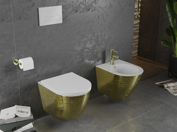 MEXEN LENA RIMLESS TOILET BOWL WITH SLIM SOFT-CLOSE SEAT, DUROPLAST, WHITE/GOLD, SCALE PATTERN