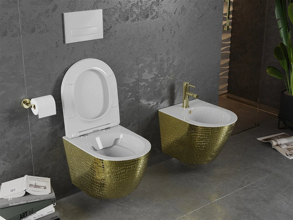 MEXEN LENA RIMLESS TOILET BOWL WITH SLIM SOFT-CLOSE SEAT, DUROPLAST, WHITE/GOLD, SCALE PATTERN