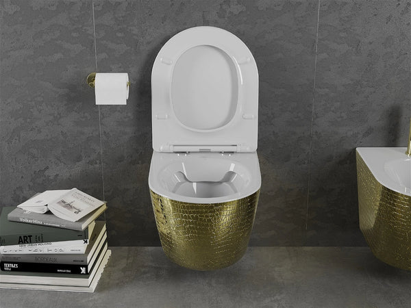 MEXEN LENA RIMLESS TOILET BOWL WITH SLIM SOFT-CLOSE SEAT, DUROPLAST, WHITE/GOLD, SCALE PATTERN