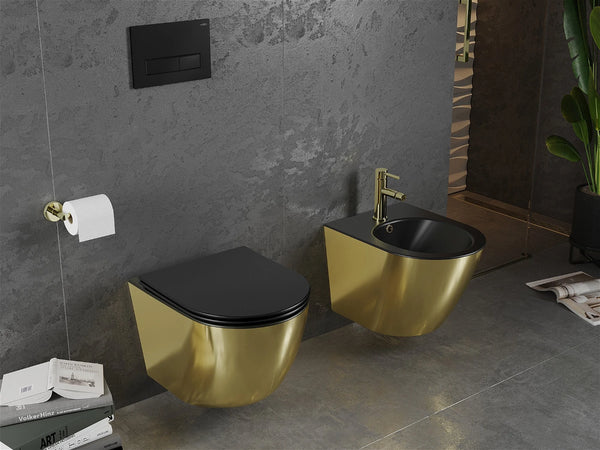 MEXEN LENA RIMLESS TOILET BOWL WITH SLIM SOFT-CLOSE SEAT, DUROPLAST, MATT BLACK/GOLD