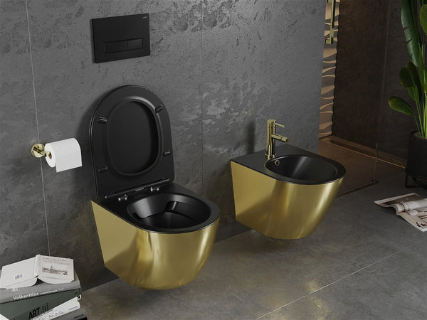 MEXEN LENA RIMLESS TOILET BOWL WITH SLIM SOFT-CLOSE SEAT, DUROPLAST, MATT BLACK/GOLD