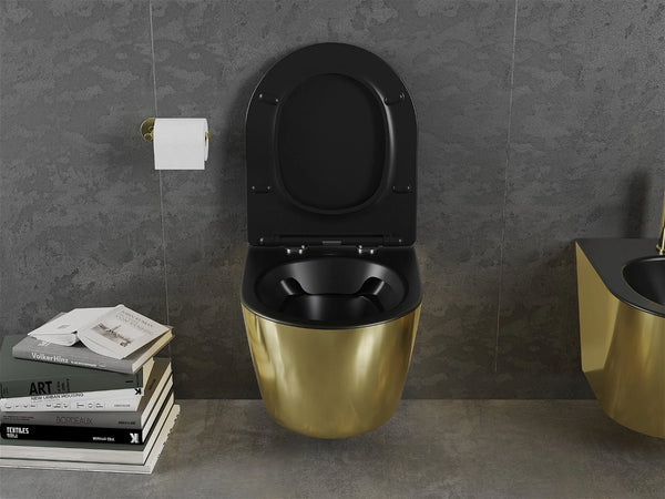 MEXEN LENA RIMLESS TOILET BOWL WITH SLIM SOFT-CLOSE SEAT, DUROPLAST, MATT BLACK/GOLD