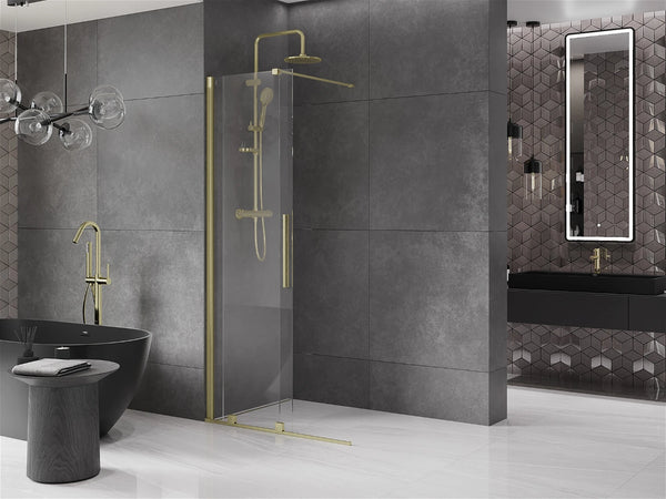 MEXEN VELAR WALK-IN SLIDING SHOWER DOOR-TRANSPARENT, BRUSHED GOLD