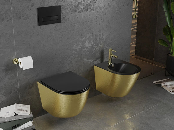 MEXEN LENA RIMLESS TOILET BOWL WITH SLIM SOFT-CLOSE SEAT, DUROPLAST, MATT BLACK/GOLD LINES PATTERN