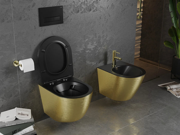 MEXEN LENA RIMLESS TOILET BOWL WITH SLIM SOFT-CLOSE SEAT, DUROPLAST, MATT BLACK/GOLD LINES PATTERN