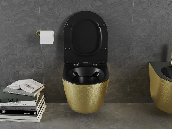 MEXEN LENA RIMLESS TOILET BOWL WITH SLIM SOFT-CLOSE SEAT, DUROPLAST, MATT BLACK/GOLD LINES PATTERN