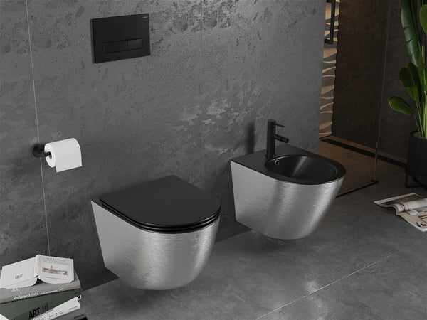 MEXEN LENA RIMLESS TOILET BOWL WITH SOFT-CLOSE SLIM SEAT, DUROPLAST, MATT BLACK/SILVER LINES PATTERN