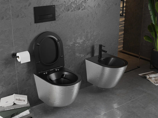 MEXEN LENA RIMLESS TOILET BOWL WITH SOFT-CLOSE SLIM SEAT, DUROPLAST, MATT BLACK/SILVER LINES PATTERN