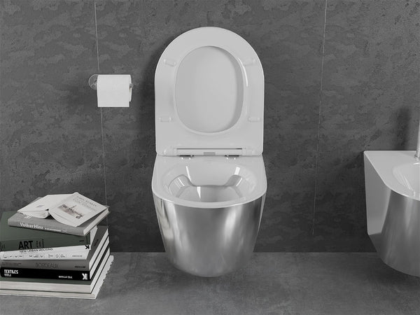 MEXEN LENA RIMLESS TOILET BOWL WITH SLIM SOFT-CLOSE SEAT, DUROPLAST, WHITE/SILVER