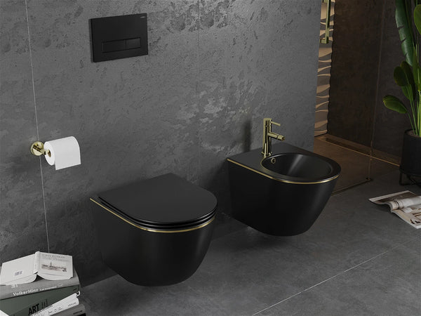 MEXEN LENA RIMLESS TOILET BOWL WITH SLIM SOFT-CLOSE SEAT, DUROPLAST, MATT BLACK/GOLD LINE