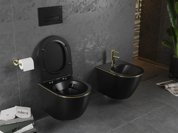 MEXEN LENA RIMLESS TOILET BOWL WITH SLIM SOFT-CLOSE SEAT, DUROPLAST, MATT BLACK/GOLD LINE