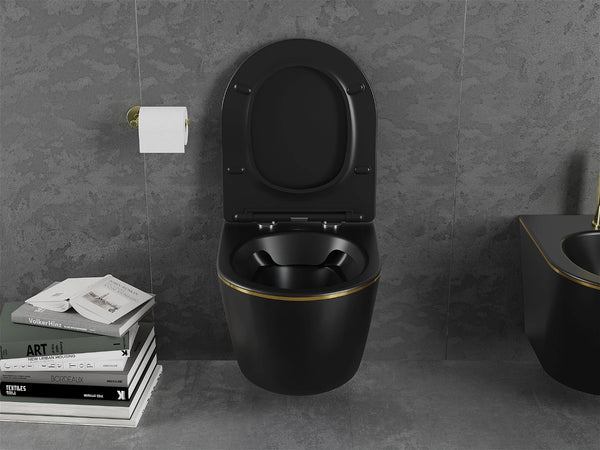 MEXEN LENA RIMLESS TOILET BOWL WITH SLIM SOFT-CLOSE SEAT, DUROPLAST, MATT BLACK/GOLD LINE