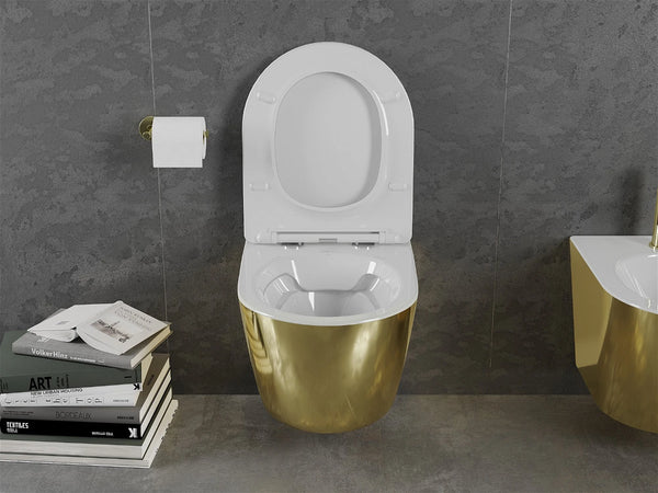 MEXEN LENA RIMLESS TOILET BOWL WITH SLIM SOFT-CLOSE SEAT, DUROPLAST, WHITE/GOLD