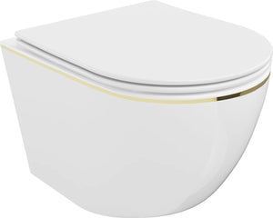 MEXEN LENA RIMLESS TOILET BOWL WITH SLIM SOFT-CLOSE SEAT, DUROPLAST, WHITE/GOLD LINE