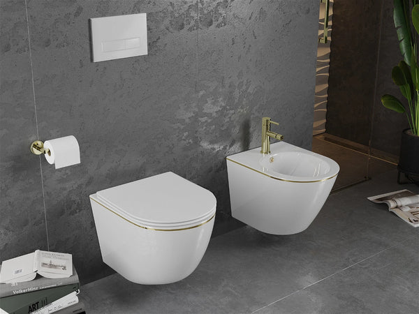 MEXEN LENA RIMLESS TOILET BOWL WITH SLIM SOFT-CLOSE SEAT, DUROPLAST, WHITE/GOLD LINE