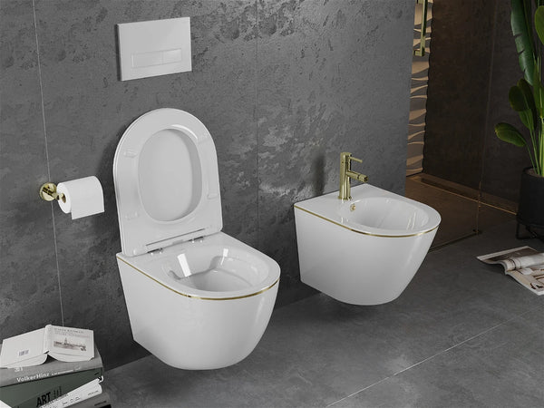 MEXEN LENA RIMLESS TOILET BOWL WITH SLIM SOFT-CLOSE SEAT, DUROPLAST, WHITE/GOLD LINE