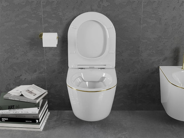 MEXEN LENA RIMLESS TOILET BOWL WITH SLIM SOFT-CLOSE SEAT, DUROPLAST, WHITE/GOLD LINE