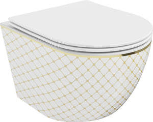 MEXEN LENA RIMLESS TOILET BOWL WITH SLIM SOFT-CLOSE SEAT, DUROPLAST, WHITE/GOLD CHECKERED PATTERN