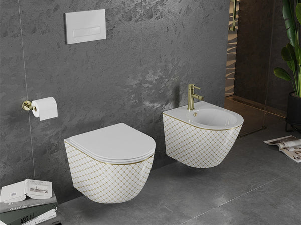 MEXEN LENA RIMLESS TOILET BOWL WITH SLIM SOFT-CLOSE SEAT, DUROPLAST, WHITE/GOLD CHECKERED PATTERN