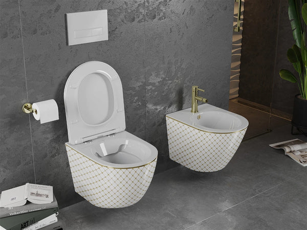 MEXEN LENA RIMLESS TOILET BOWL WITH SLIM SOFT-CLOSE SEAT, DUROPLAST, WHITE/GOLD CHECKERED PATTERN