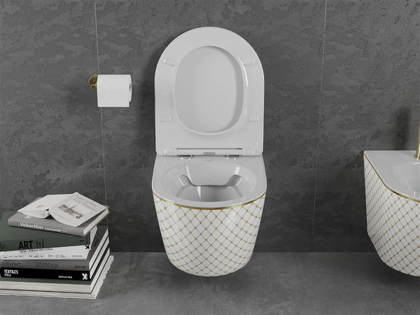 MEXEN LENA RIMLESS TOILET BOWL WITH SLIM SOFT-CLOSE SEAT, DUROPLAST, WHITE/GOLD CHECKERED PATTERN