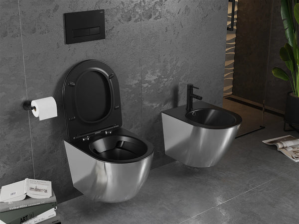 MEXEN LENA RIMLESS TOILET BOWL WITH SLIM SOFT-CLOSE SEAT, DUROPLAST, MATT BLACK/SILVER