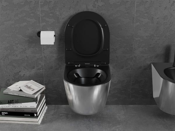 MEXEN LENA RIMLESS TOILET BOWL WITH SLIM SOFT-CLOSE SEAT, DUROPLAST, MATT BLACK/SILVER