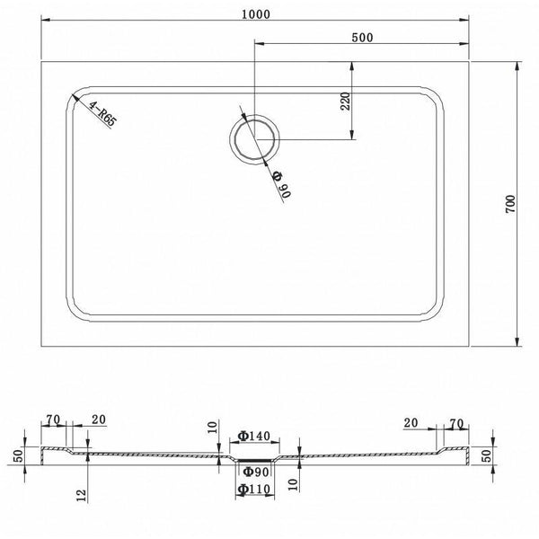 SHOWER TRAY SLIM RECTANGULAR 1000x700mm - OkBaths