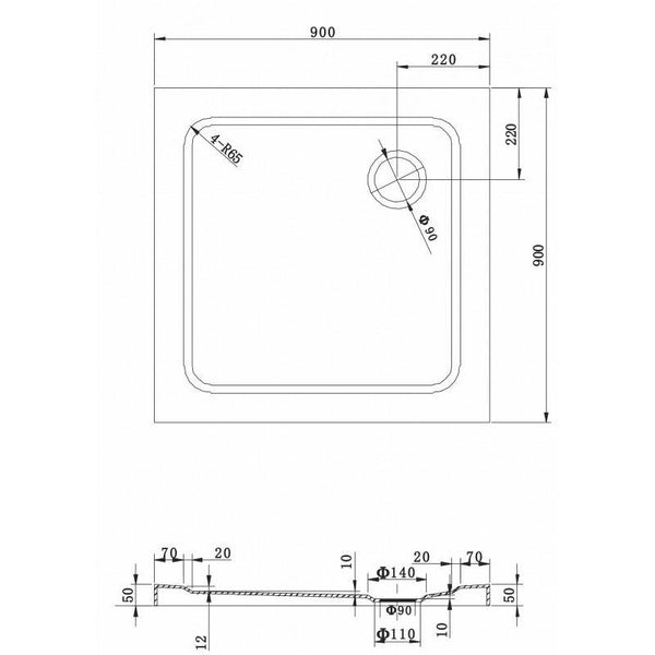 SHOWER TRAY SLIM SQUARE 900x900mm - OkBaths