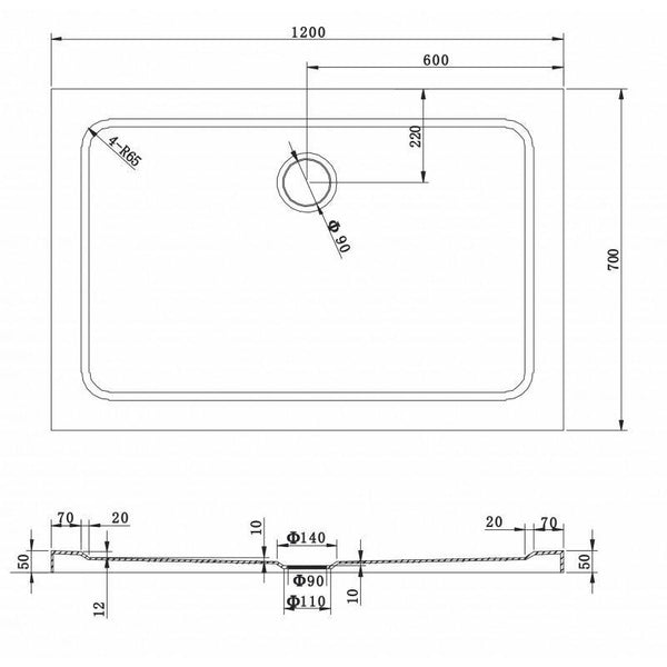 SHOWER TRAY SLIM RECTANGULAR 1200x700mm - OkBaths