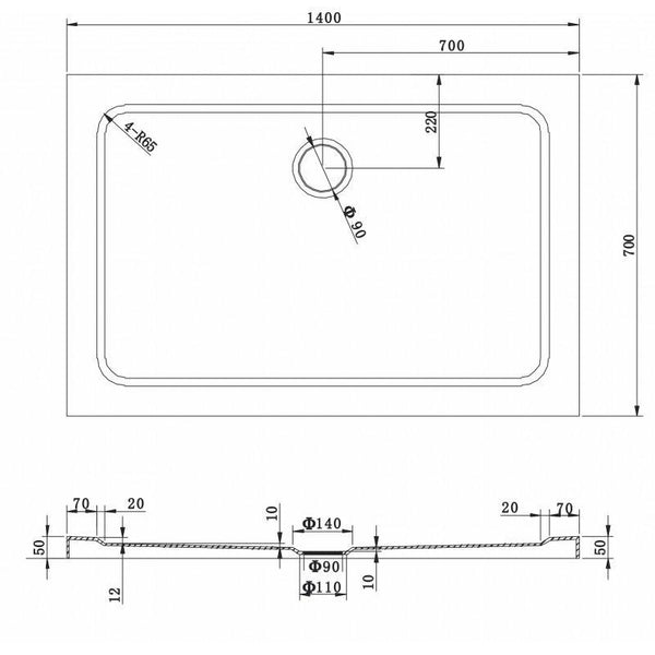 SHOWER TRAY SLIM RECTANGULAR 1400x700mm - OkBaths