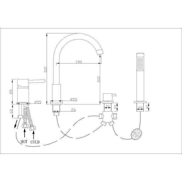 ALMA BATHTUB TAP CHROME 4 OUTPUTS - OkBaths