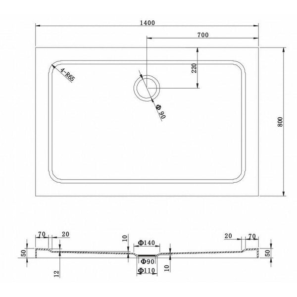 SHOWER TRAY SLIM RECTANGULAR 1400x800mm - OkBaths