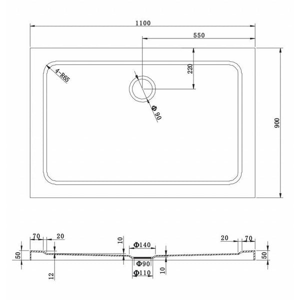 SHOWER TRAY SLIM RECTANGULAR 1100x900mm - OkBaths