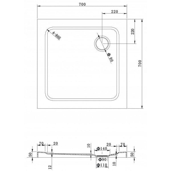 SHOWER TRAY SLIM SQUARE 700x700mm - OkBaths