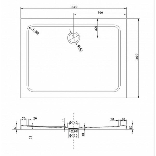 SHOWER TRAY SLIM RECTANGULAR 1400x1000mm - OkBaths