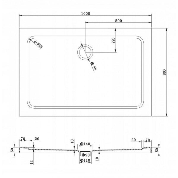 SHOWER TRAY SLIM RECTANGULAR 1000x800mm - OkBaths