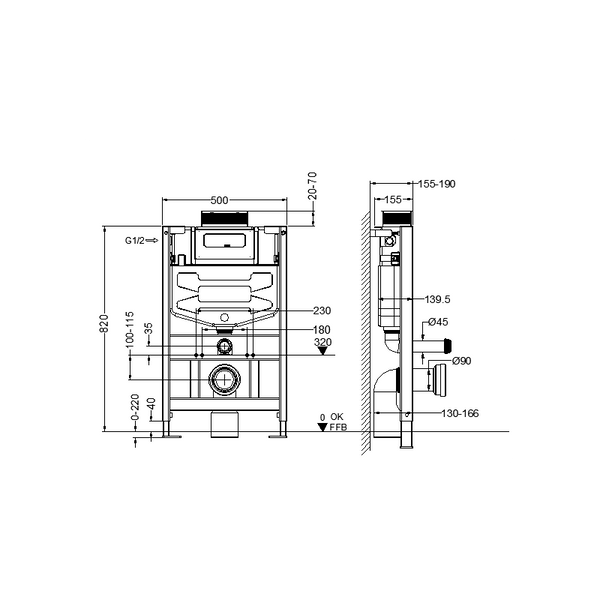 FENIX CONCEALED FRAMES TO WC SHORT 820mm - OkBaths