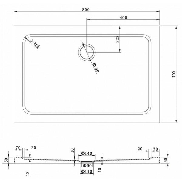 SHOWER TRAY SLIM RECTANGULAR 800x700mm - OkBaths