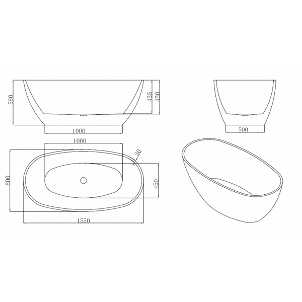 ERIS FREESTANDING BATH 1550x800mm - OkBaths