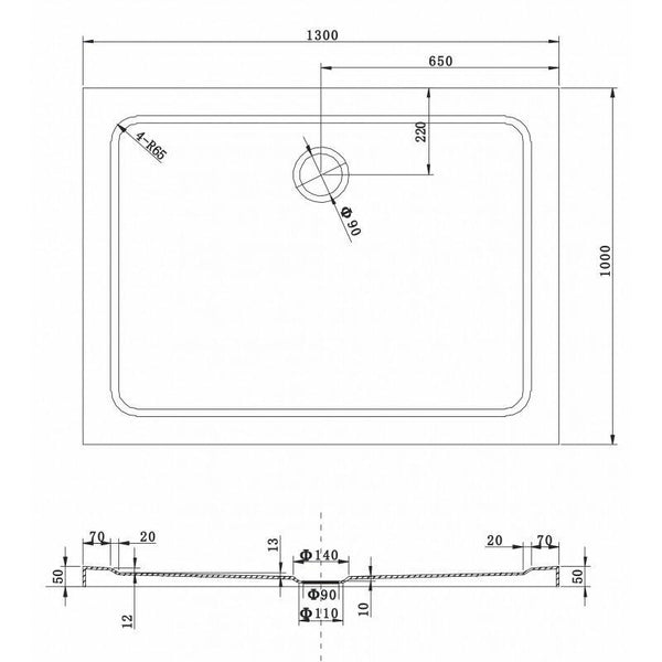 SHOWER TRAY SLIM RECTANGULAR 1300x1000mm - OkBaths