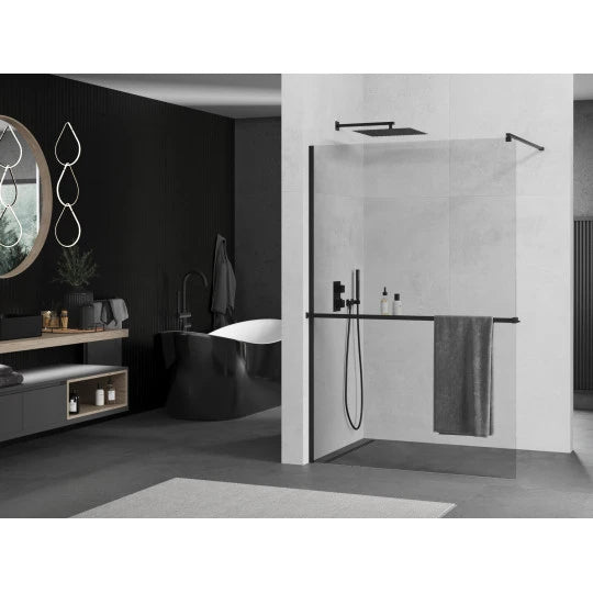 MEXEN KIOTO SHOWER SCREEN WITH SHELF AND RAIL-TRANSPARENT-BLACK PROFILE-VARIETY SIZES